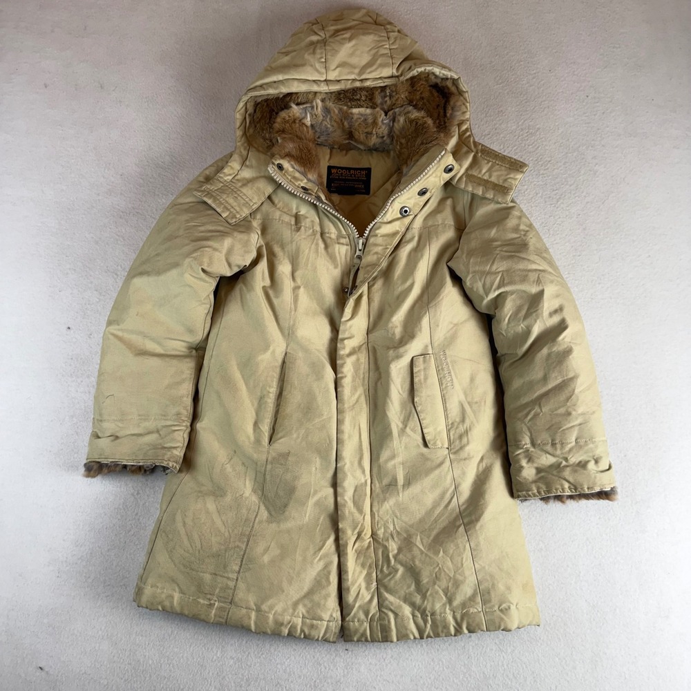 Woolrich Kids Performance Down Parka Tan Beige Rabbit Fur Hood Size 8